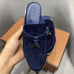 Summer Walk Charms embellished suede LP slippers Mules Closed toes shoes Genuine leather casual slip on flats for men PIANA Luxury Designers shoe factory footwear