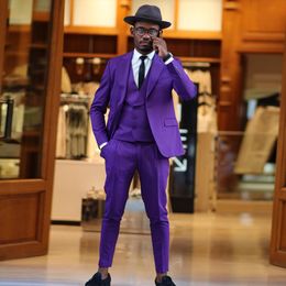 Popular Purple 3 Pieces Wedding Tuxedos Slim Fit One Button Mens Suit Sets Peaked Lapel Groom Costume Homme