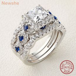 With Side Stones she 3 Pcs Wedding Rings Set for Women 925 Silver 2.6Ct Princess Cut White Blue AAAAA CZ Luxury Bridal Engagement Ring 230630