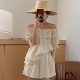 Tracce femminili da donna Shorts Shorts Set Women Ruffles Slash Neck Femme Short Set Short Chiffon Offonte Outfit Summer Outfits Female Casual Dropship