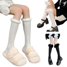 Women Socks Winter Furry Trim Warm Long Calf Japanese Uniform Student Casual Stockings Solid Colour Knee High Mid Tube Stocking
