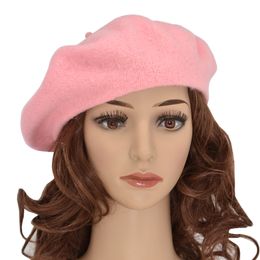 DOUBCHOW Women's Light Weight Artist French Style Beret Hats Teenage Girls Wool Blending Solid Color Pink Purple Baret Flat Hat