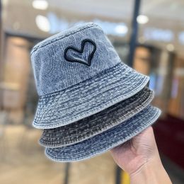 women Korean Version Washed Denim Love Embroidered Fisherman Hat Female summer Fashion Versatile Trend Basin Hat Fishing Hat