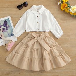 Clothing Sets 2Pcs Sweet Little Girls Outfit Toddler Solid Color Long Sleeve Lapel Single breasted Shirt Wide Hemline Half Skirt Set 230630