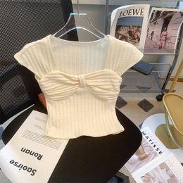 Women's T Shirts Summer Ice Silk Knitted Short Sleeve T-shirt Wear 2023 Square Neck Pleated Bow Top Pure Desire Girl Tank