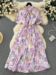 Party Dresses Women Summer Dress French Vintage Lace Up Bowtie Fragmented Flower Waist Wrapped Bubble Sleeves Slim A-line Chiffon D3870