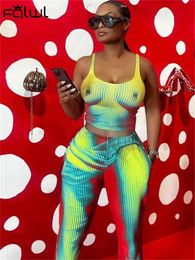 Women s Tracksuits FQLWL Streetwear 2 Two Piece Sets Tracksuit Women rave Outfits Sleeveless Crop Tops Pants Print Tie Dye Matching 2023 230629