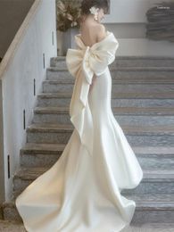 Casual Dresses 2023 Satin Off Shoulder Bridal Style Fishtail Dress Solid Long Bow