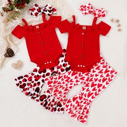 Clothing Sets Valentine s Day Baby Girls Clothes Set Solid Colour Bow Sling Off Shoulder Romper Heart Print Flare Pants Headband 3Pcs 230630