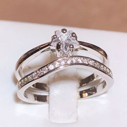 New Fashion Single Diamond Double Ring Women 925 Stamp White Zirconia Ring Party Wedding Jewelry Gift Wholesale