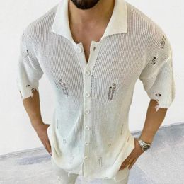 Men's Casual Shirts Fashion Ripped Design Knit Mens Vintage Holes Top Men Summer Short Sleeve Solid Shirt Loose Buttoned Knitted Tops