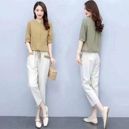 Cotton and linen set Women's Two Piece Pants 2023 summer wear new Westernised style fashion casual top cropped trousers trendy
