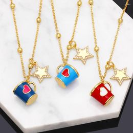 Pendant Necklaces FLOLA Colourful Enamel Coffee Mug For Women Copper Zircon Star Charm Beaded Necklace Gold Plated Jewellery Gifts Nkeb311