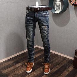 European and American Spring and Autumn Old Hole Patch Stitch Jeans Mens Slim Personality Elastic Small Straight Tube Youth Trend2085