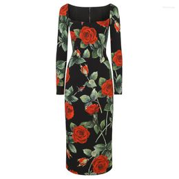 Casual Dresses Customise Women Autumn Plus Size 3XS-10XL Retro Vintage Elegant Rose Flower Print Long Sleeves Pencil Dress