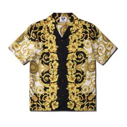 Мужские классические рубашки Лето Цветочный принт Золотая рубашка с коротким рукавом на пуговицах Мужчины Гавайские каникулы Пляжные повседневные гавайские Camisas Para Hombre 230629
