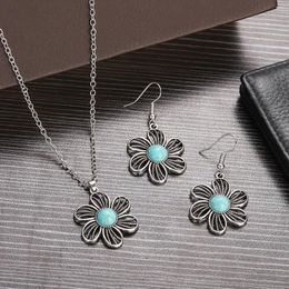 Necklace Earrings Set Bohemian Vintage Hollow Flower For Women Jewelry Ethnic Fashion Bule Stone Alloy