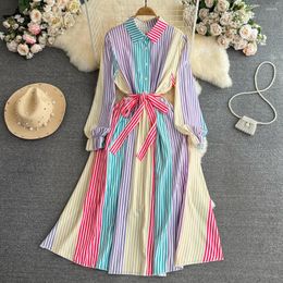 Casual Dresses SuperAen European And American Retro Style Long Sleeved Lapel Single Breasted A-line Striped Shirt Dress