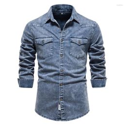 Men's Casual Shirts Men's 2023 Autumn Winter European Men's Denim Quality Heavy Industry Washed Old Men Vintage Long Sleeves Shirt