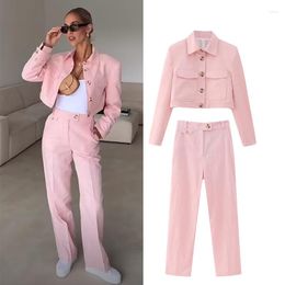 Women's Two Piece Pants Set 2023 Chic Pink Blazer Suit Women 2-piece Fashion Elegant Pocket Decoration Short Jacket Sets