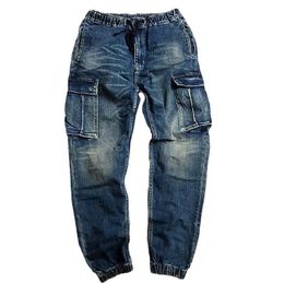 Men s Jeans Functional Large Pocket Cargo Vintage Elastic Waist Cropped Pencil Denim Pants Male 230629