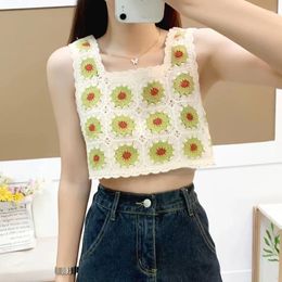 Women's Tanks Retro Prairie Chic Style Camisole For Women Sweet Flower Daisy Knitted Vest Summer Vacation Sleeveless Crop Tank Top