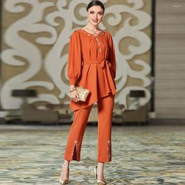Ethnic Clothing 2023 Muslim Women's Set Style Hand Sewing Diamond Embroidery Chiffon Long Sleeve Pants Abaya Arab Islamic