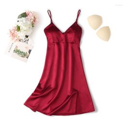 Women's Sleepwear Burgundy Nightdress Womens Satin Sleep Dress Suspender Nightgown Home Wear Lounge Summer V-Neck Dressing Gown