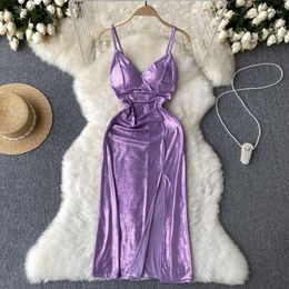 Casual Dresses Summer Temperament Celebrity Pure Desire Wind Sexy Backless Ruffle Tight Package Hip Satin Halter Dress