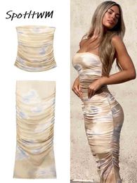 Two Piece Dress Backless Strapless Tube Tops Pleated Midi Skirts Suits Sexy Skinny Draped Skirt Two Pieces Set Women Summer Chic Streetwear 230629