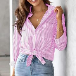 Women's Blouses Ladies Vintage Style Long Sleeve Shirt Button Down Vertical Stripe Summer Top Turn Collar Loose Fit Daily Clothing