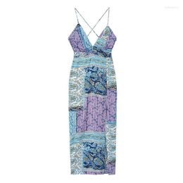 Casual Dresses YENKYE 2023 Women Sexy Backless Printed Knotted Midi Dress Front Slit V Neck Female Summer