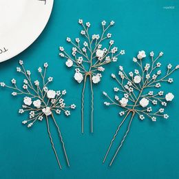 Hair Clips Wedding Accessories Porcelain Flower Pin Clip Pearl Head Pieces For Brides Women Girl Gold Color Hairpin Bridal Jewelry