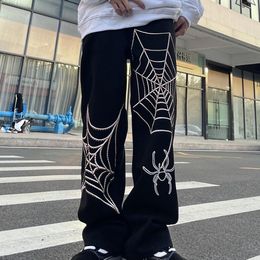 Y2k Uomo Casual Harajuku Black Spider Web Hip Hop Jeans Gothic Fairy Grunge Pantaloni a gamba larga dritti Abbigliamento streetwear