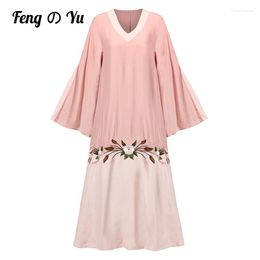Ethnic Clothing African Design Loose Robe Abaya Dubai Floral Pattern Embroidered Muslim Dress Ladies Party European Style American Pink XL