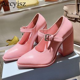 Dress Shoes 2023 Fairy Summer Sandals Pumps Women Square Heel Real Leather High Heels Solid Colour Buckle Strap Sexy Party