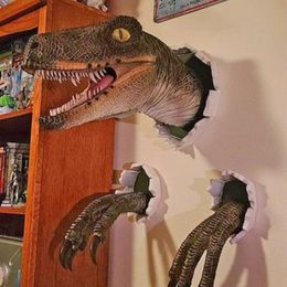 Decorative Objects Figurines 3D Dinosaur Decoration Velociraptor Set Resin Wall Atmosphere Decorative Props Drop 230629