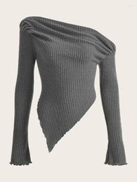 Women's Blouses Women Solid Autumn Winter Grunge Asymmetrical Neck Rib-knit Tee Strapless Blouse Long Sleeve Casual Sweater Handkerchief Hem