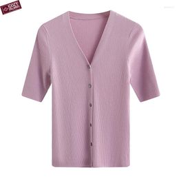 Women's T Shirts Knitted Cardigans Summer Purple Silk Women Tops Short Sleeves V-neck Gentle Sweater Breathable Clothes Button Up T-shirts