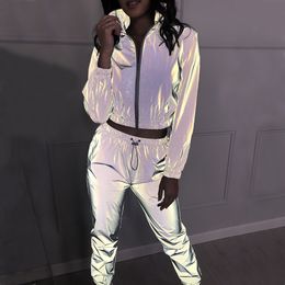 Women's Tracksuit Tracksuit 2 Piece Set Hip Hop Reflective Crop Top Pants Fashion Female Loose Zipper Jacket Coat Matching Sets Plus Size 230630