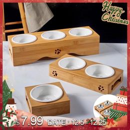 Pens Pet Dog Cat Bowl Ceramic Bowl Bamboo Wooden Table Into A Kitten Skid Resistant Double Bowl Small Dog Food Bowl