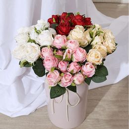 Decorative Flowers Artificial Roses Bouquet 13 Heads Silk Fake Home Decor Bulgarian Scorched Edge Rose Bouquets El Restaurant Decoration