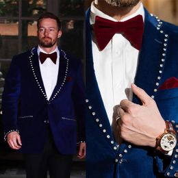 Exquisite Navy Blue Crystal Wedding Tuxedos Classic Fit 2 Pieces Diamonds Mens Prom Suit Sets 2 Buttons Velvet Costume Homme