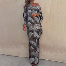 Casual Dresses Women Fashion Boho Fan Printed Batwing Sleeve Maxi Dress Solid Tunic Denim Long