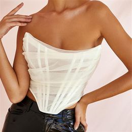 See Through Mesh Sexy Crop Top Women Sleeveless Off Shoulder Corset Female Backless Bustier Tops Underwear Streetwear2752