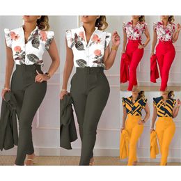 Women Designers Clothes 2023 Spring and summer New Fashion Printed Ruffle Sleeve Top Solid Pants Set with Belt