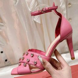 Sandals Black High Heel Women Square Toe Crystal Ankle Strap Quality Genuine Leather Summer Female Party Dress Sexy Sandal
