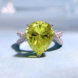 Cluster Rings S925 Silver Imported High Carbon Diamond Pear-shaped 10 12 Olive Green Ring Female European-American Style