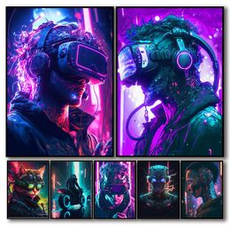 80s Neon Punk Vr Video Game Gaming Canvas Painting Poster Aesthetic Space Cat City Samurai Canvas Print Home Wall Art Kawaii Gamer Room Decor unframed