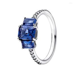 Cluster Rings Wedding Bands Stack Finger For Women 925 Sterling Silver Jewelry Prong Setting Blue Rectangular Crystals Pave Clear Zircon